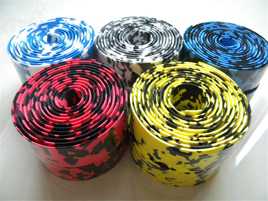 Five rolls of camouflage-patterned Lightweight, Non-slip Handlebar Tape in different colors on a white background