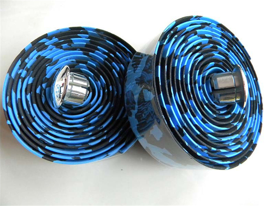 Two rolls of Lightweight, Non-slip Bicycle Handlebar Tape with a blue and black pattern on a white background