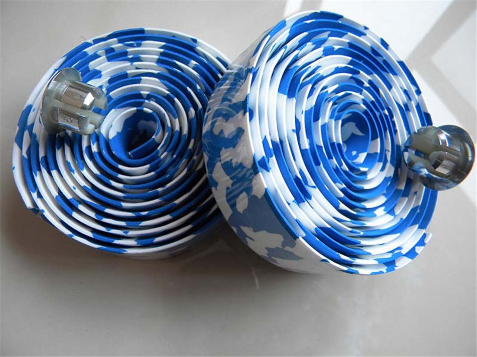 Two rolls of blue and white Lightweight, Non-slip Bicycle Handlebar Tape on a light gray background