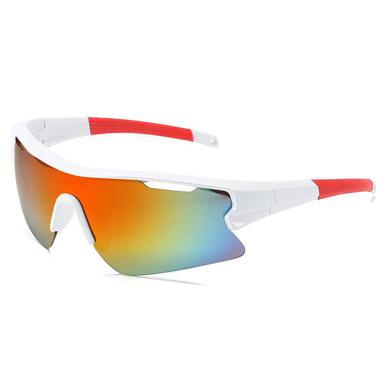 Lightweight Photosensitive Cycling Sunglasses with white and red temples on a white background