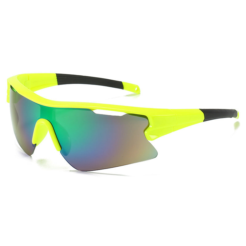 Lightweight Photosensitive Cycling Sunglasses with green reflective lenses and yellow and black frame on a white background