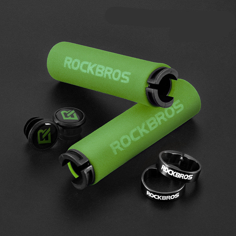 Green bicycle handlebar grips with 'RockBros' branding on a black background