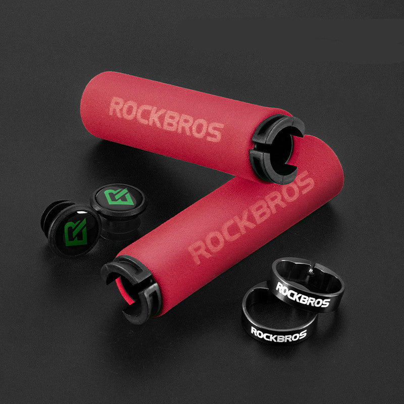 Red MTB grips with black lockrings and plugs and 'RockBros' branding on a dark background