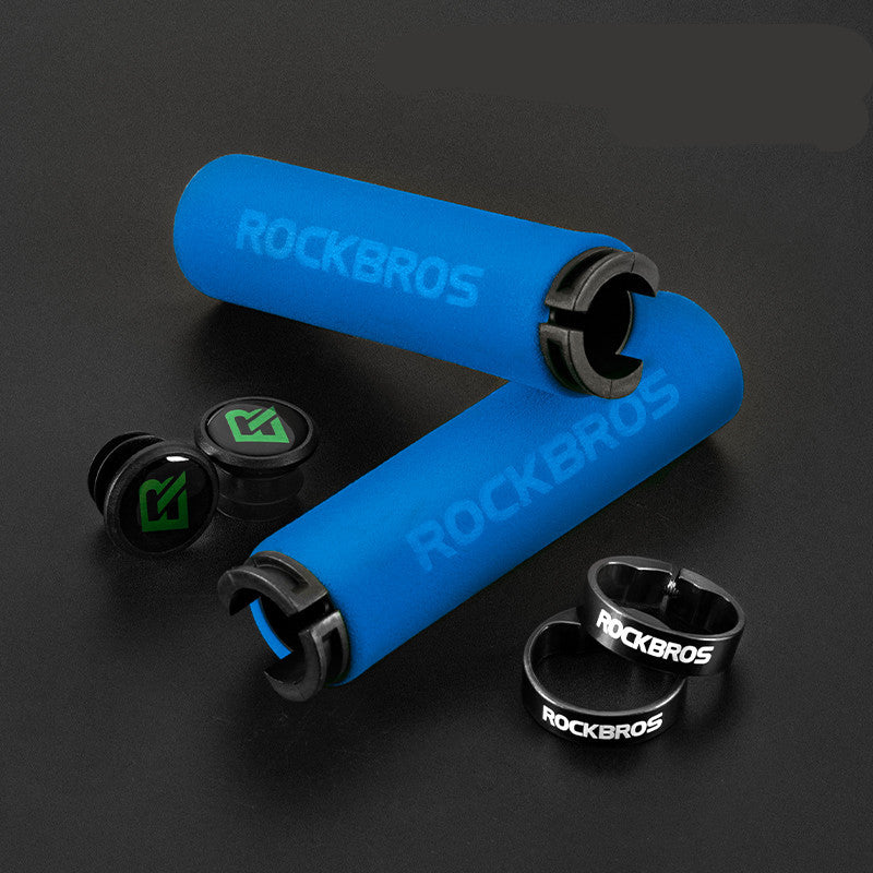Blue bicycle handlebar grip with black accessories on a dark background, featuring the brand 'RockBros'.