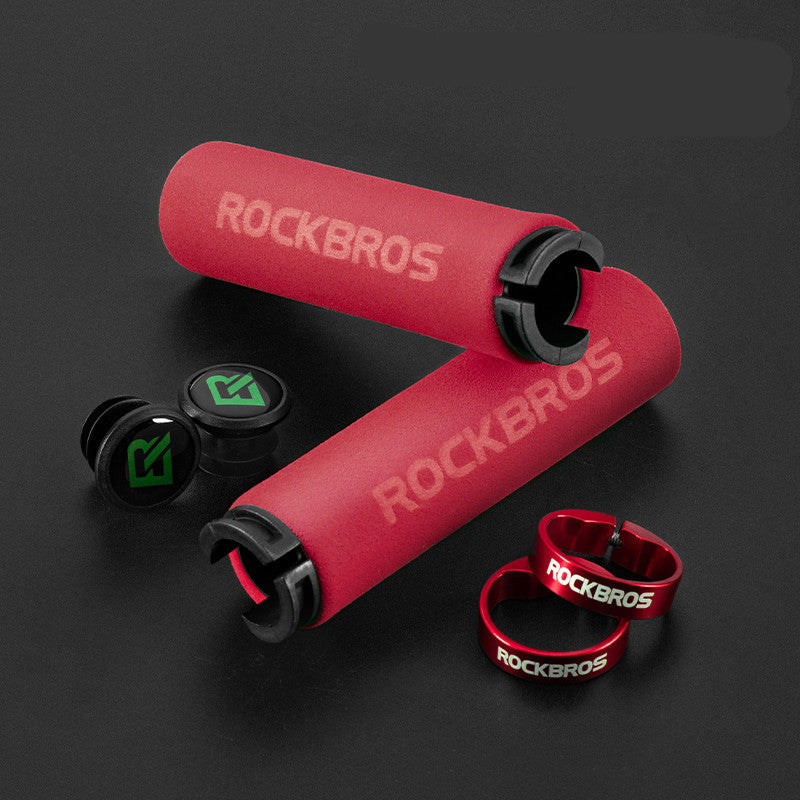 Red silicone MTB handlebar grips with 'RockBros' branding on a black background