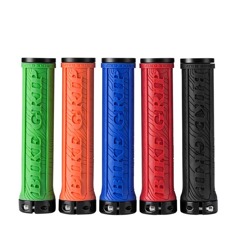 Five bicycle handlebar grips in green, orange, blue, red, and black on a white background.