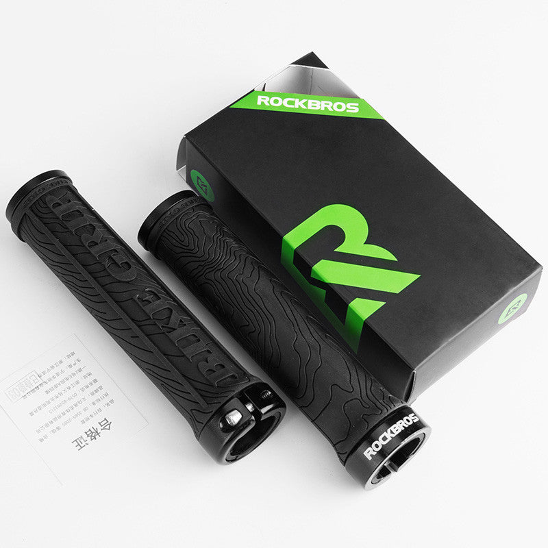 Black bicycle handlebar grips with RockBros packaging on a white background
