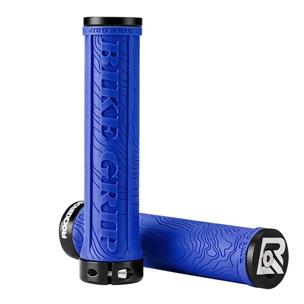 Blue bike handlebargrips with black ends on a white background