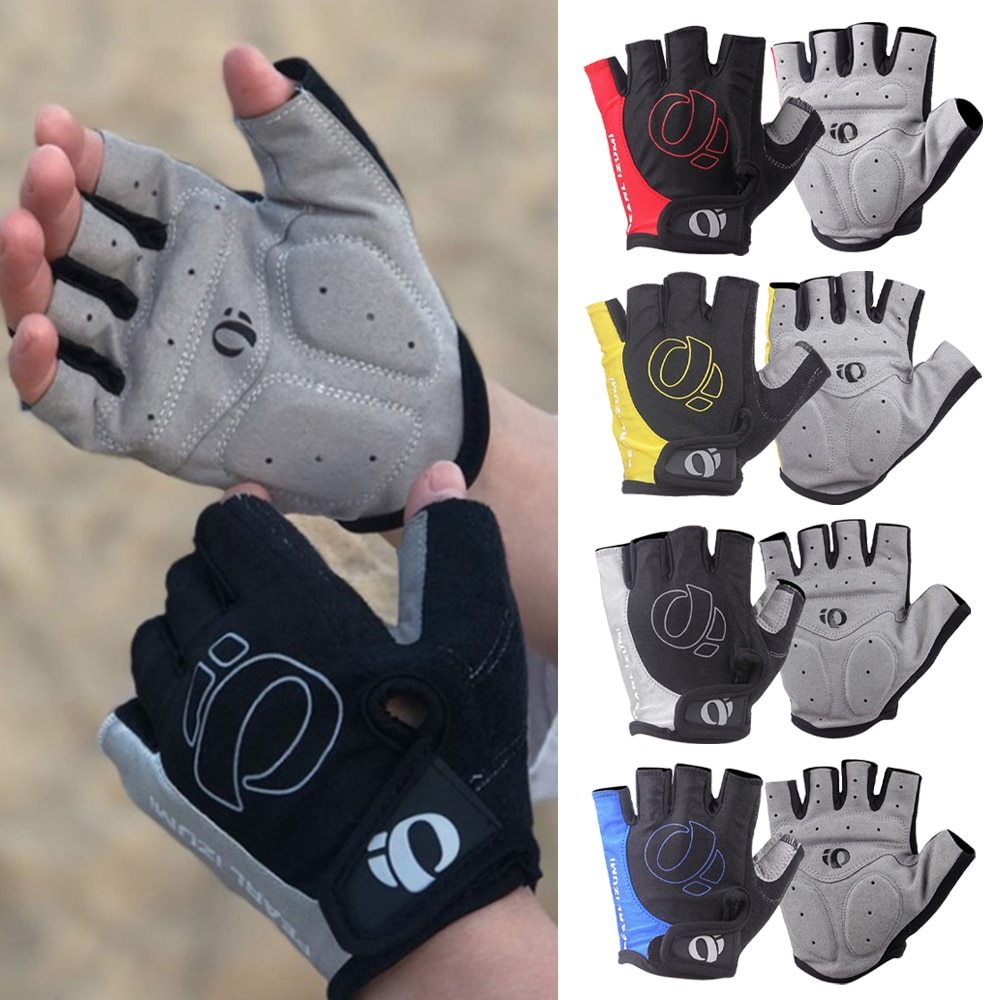 Black and grey microfibre cycling gloves held by a hand with additional gloves shown in various colors on the right.