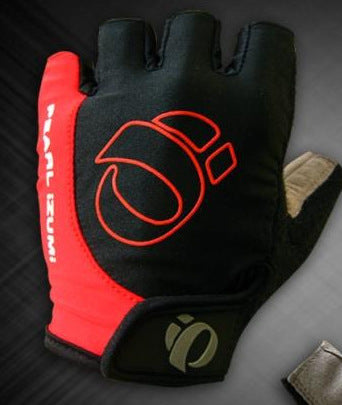 Black and red cycling mitten with brand logo on a dark background