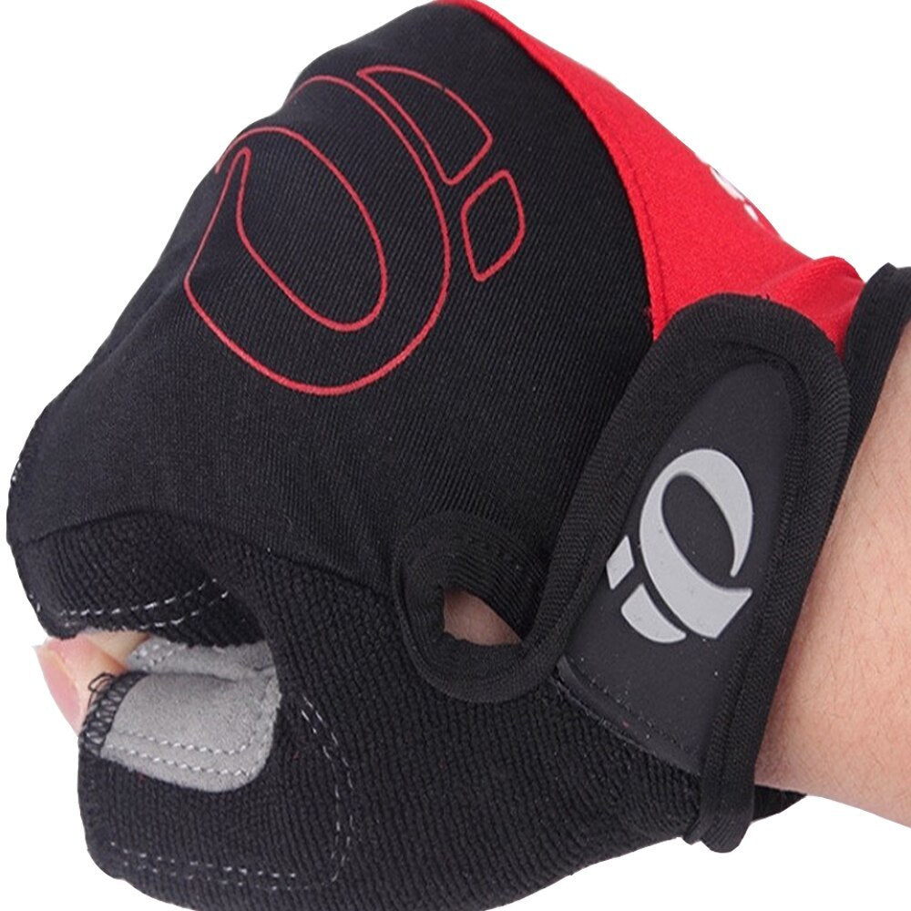 Black and red cycling glove with a visible brand logo on a white background