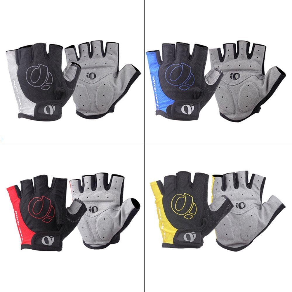 Four pairs of cycling mitts in different colors on a white background