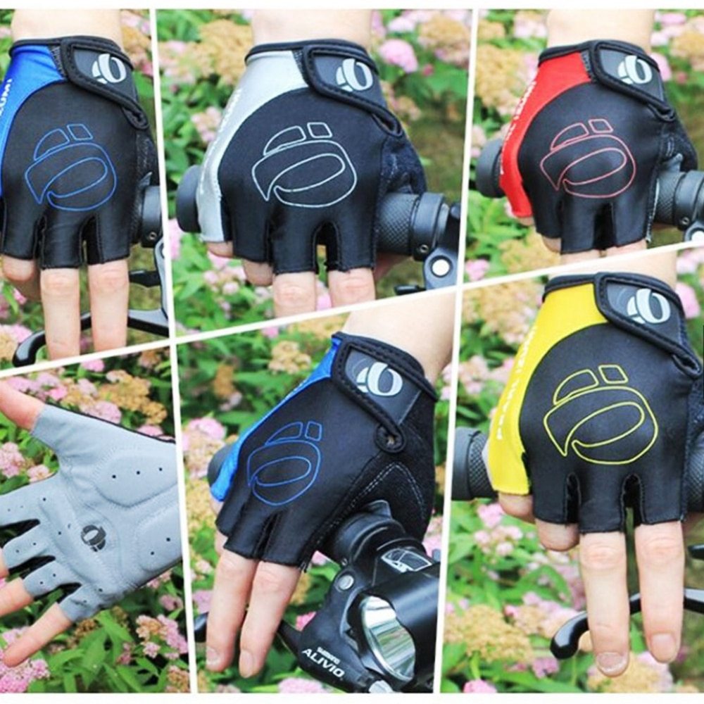 Collage of six different cycling gloves with unique color combinations on a blurred natural background.