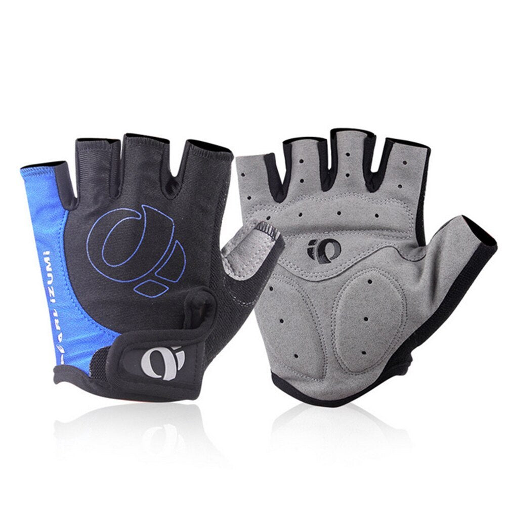 Pair of black, blue and gray gloves with a visible brand logo on a white background