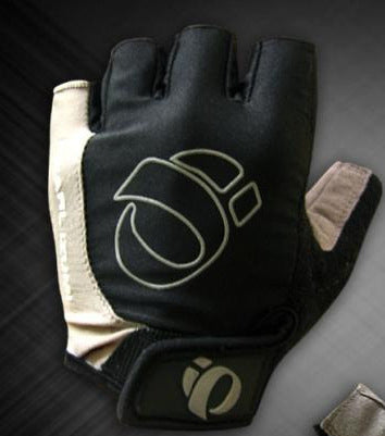 Black and yellow cycling glove with a logo on a dark background