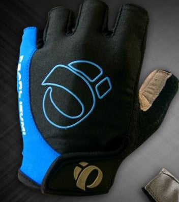 Black and blue Microfibre Bicycle Mitt with a brand logo on a dark background