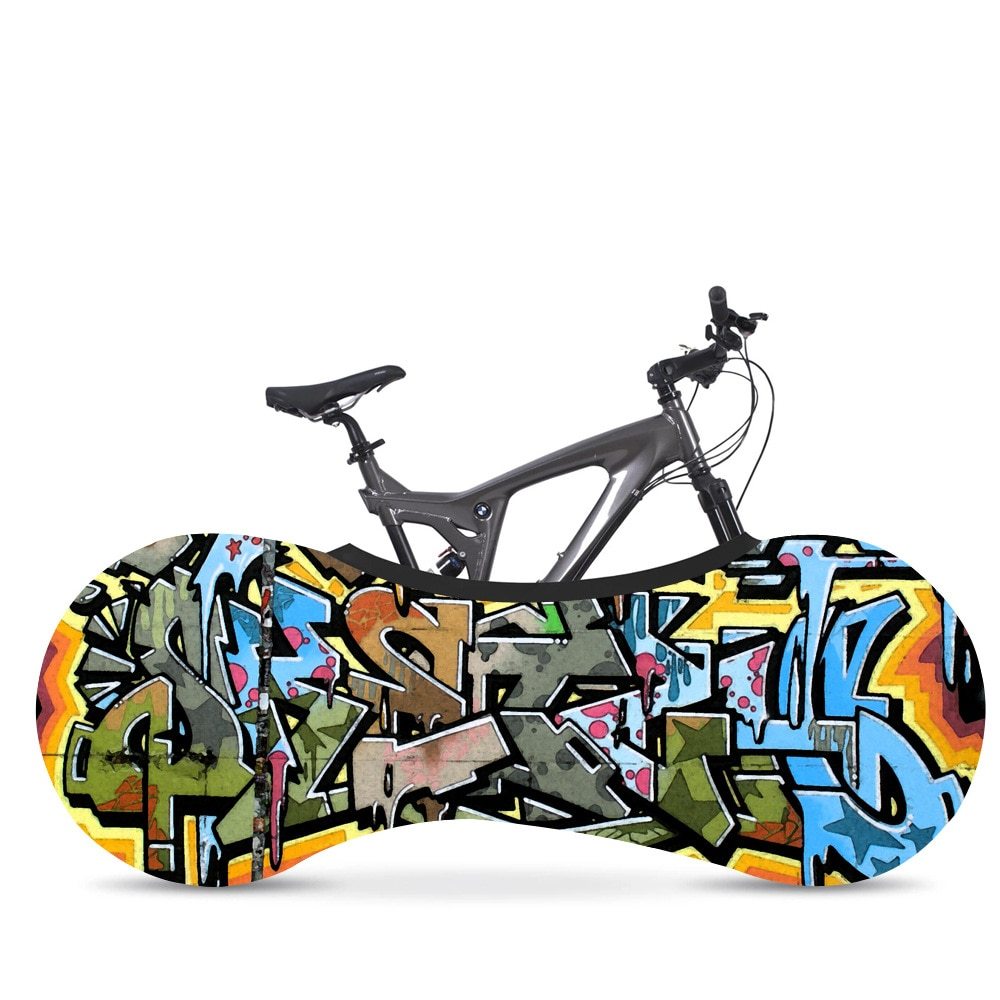 Bicycle with a colorful graffiti-style dust cover on a white background