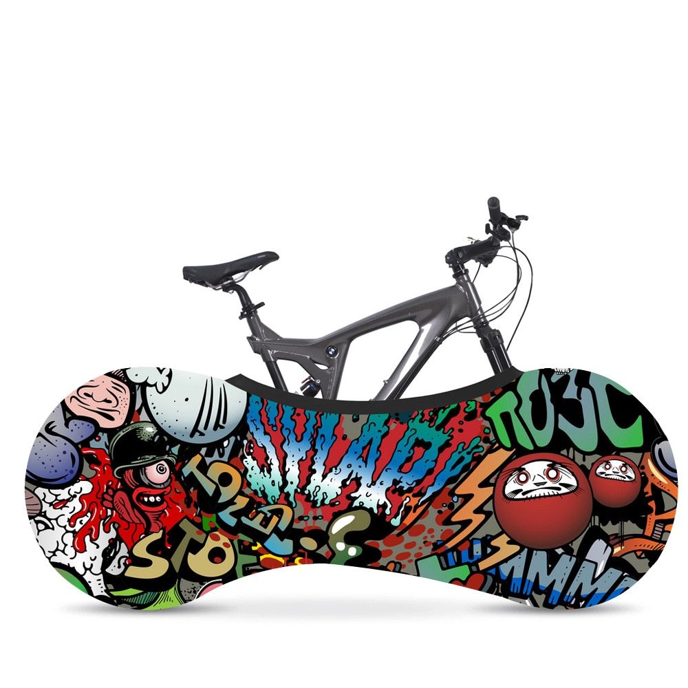 Bicycle with a colorful graffiti-style dust cover on a white background