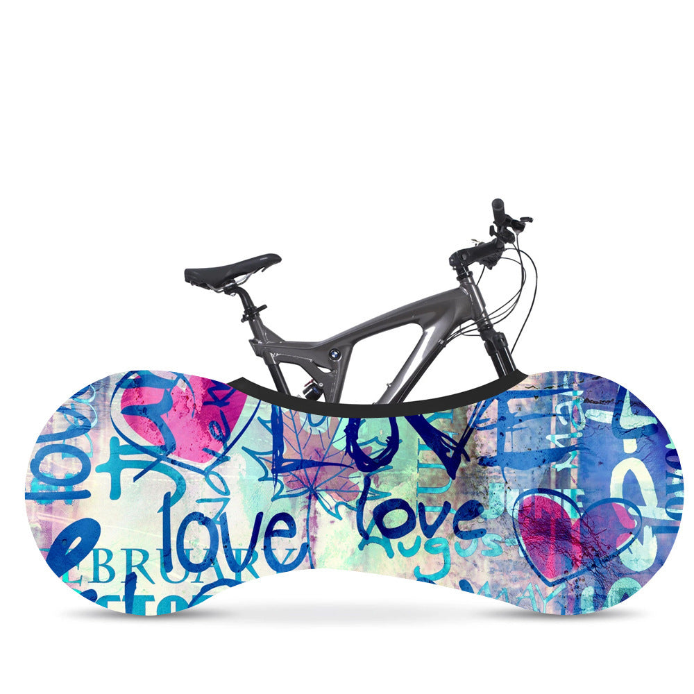 Bicycle with a colorful 'LOVE' motif dust cover on a white background