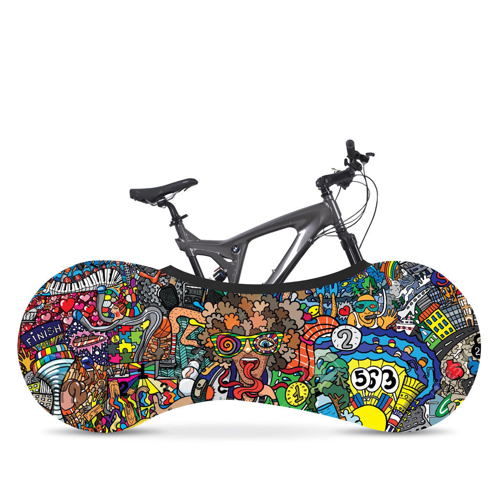 Bicycle with a colorful, graffiti-style protective cover on a white background