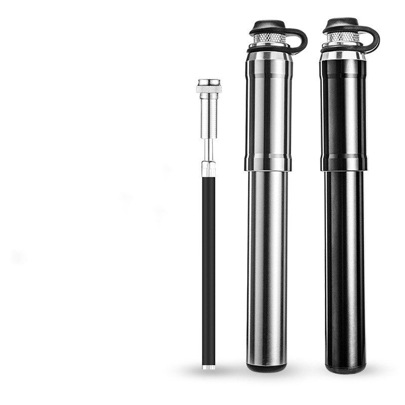 Two silver and black Mini High-Pressure Aluminium Bicycle Pumps on a white background