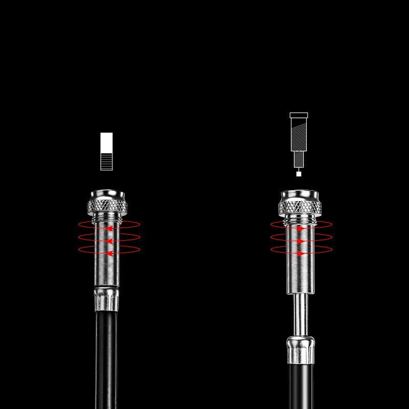 Two Mini High-Pressure Aluminium Bicycle Pump valve connectors with red lines indicating contact points on a black background