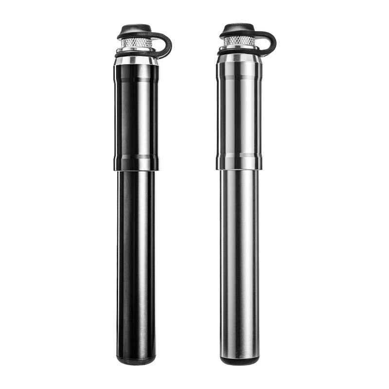 Two Mini High-Pressure Aluminium Bicycle Pumps, one black and one silver, on a white background