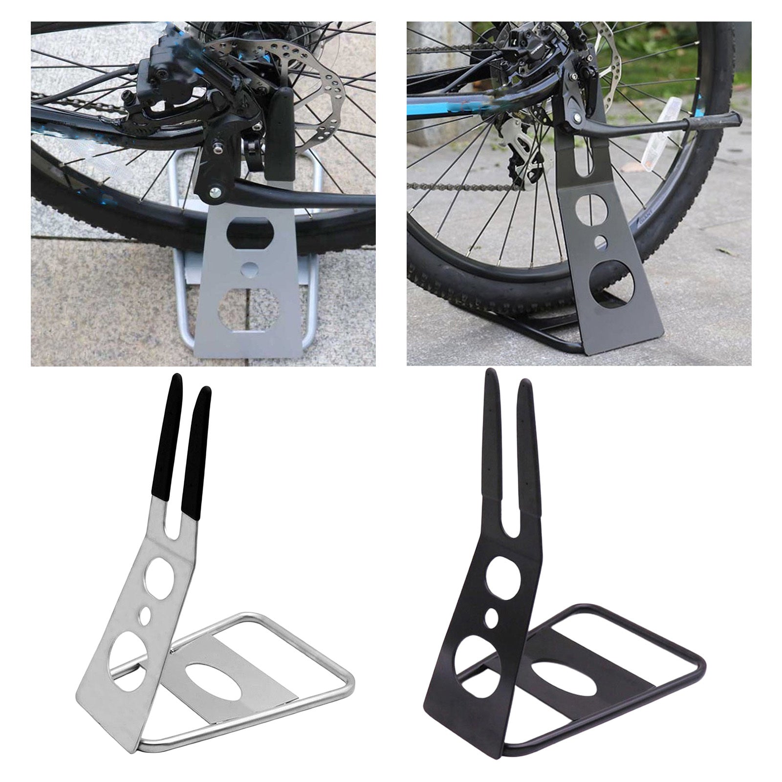 Bicycle stand with black and silver finishes on a white background