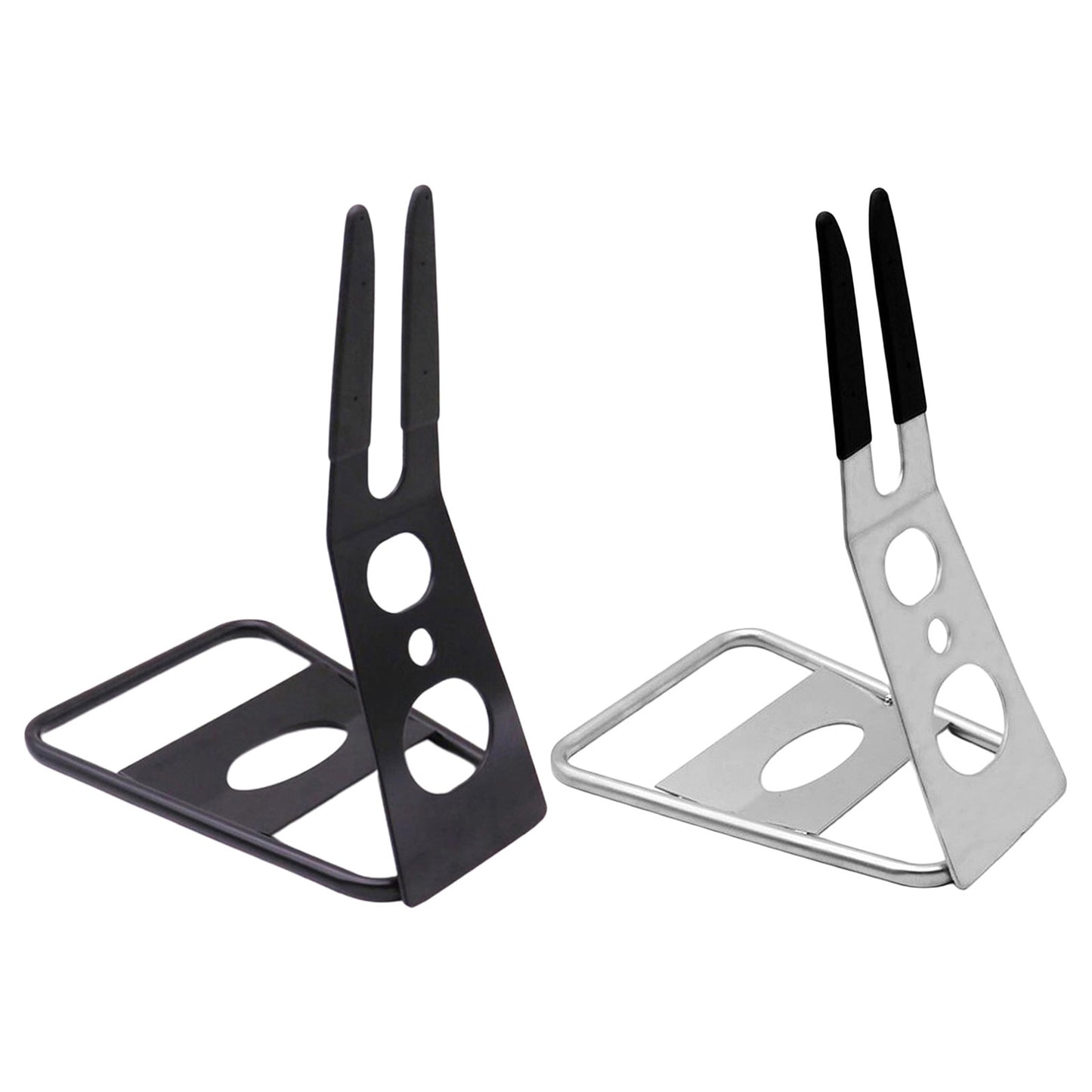 Two metallic mountain bicycle stands, one black and one silver, on a white background.