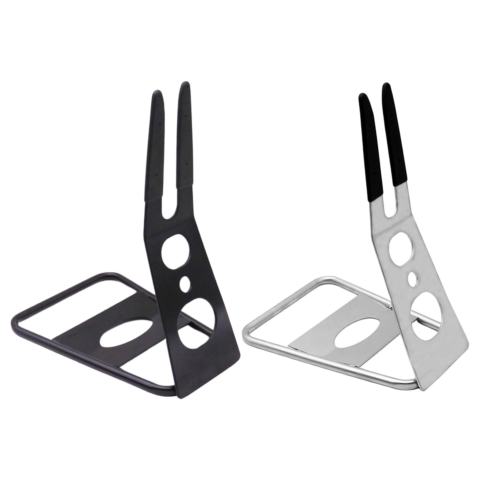 Two metallic mountain bicycle stands, one black and one silver, on a white background.