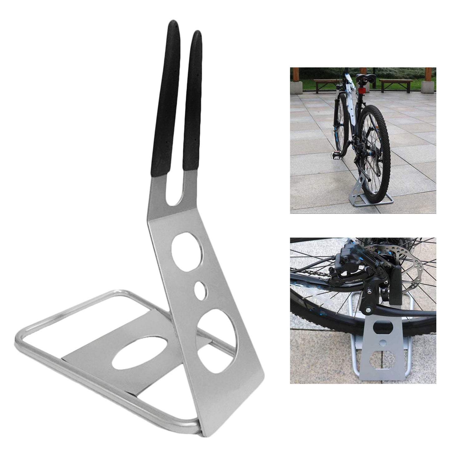 Bicycle parking stand with additional images of a bike and stand on a white background