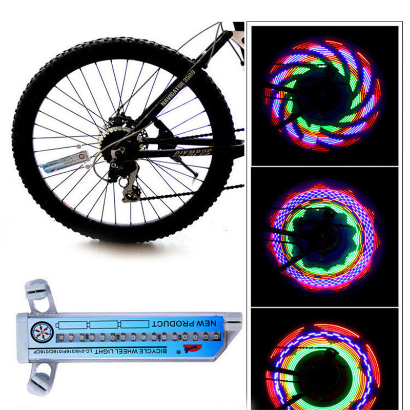 Bicycle wheel with LED light strip and product label on a white background