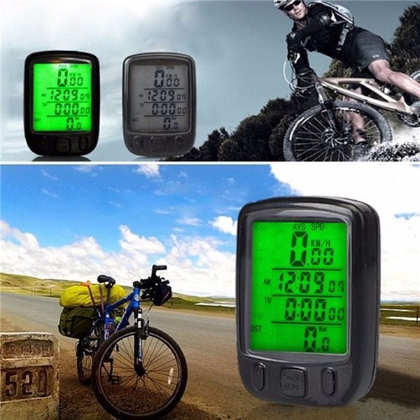 Bicycle computer with digital display on a cyclist and bike background