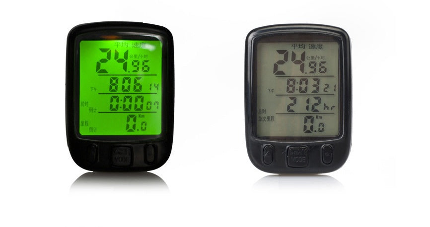 Two Multifunctional Bicycle Computers showing distance and time on a white background