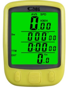 Yellow digital bike computer with green display on a white background