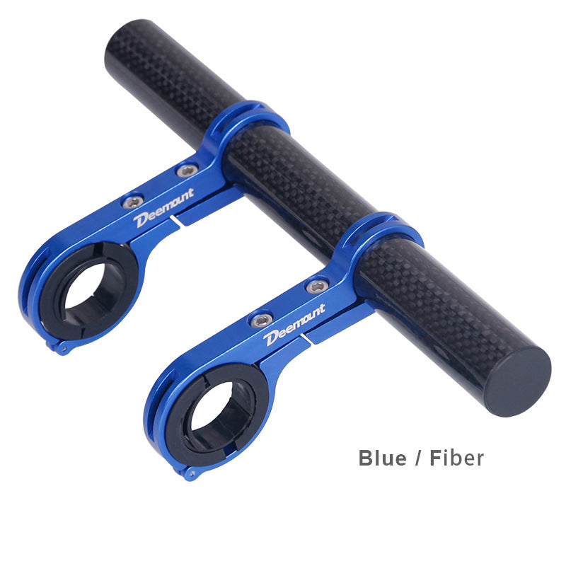Double blue carbon bicycle handlebar accessory extension mount a white background