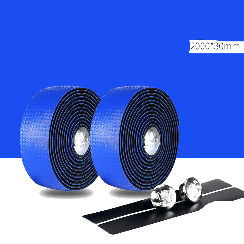 Two rolls of blue bicycle handlebar tape on a white background with measurement text.