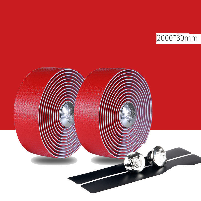 Two rolls of red Non-slip Bicycle Handlebar Tape with silver bar ends on a red background