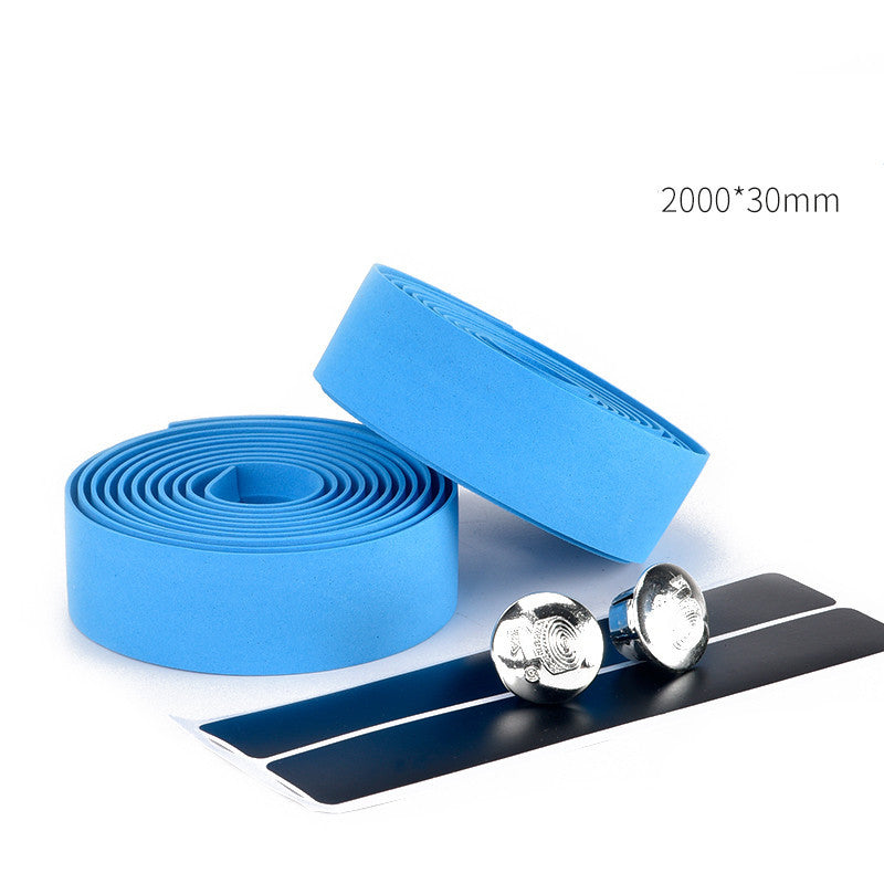 Blue handlebar tape with silver bar plugs on a white background