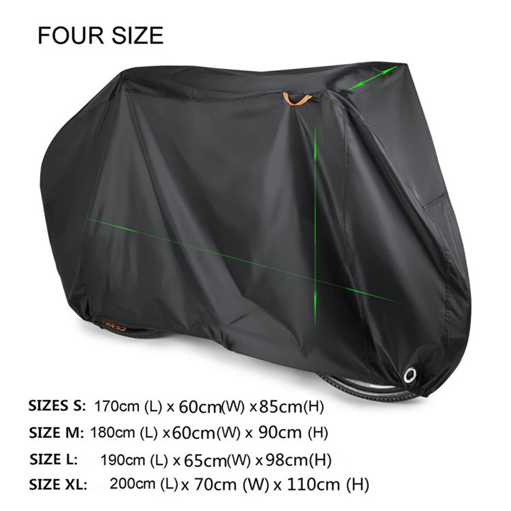 Black outdoor bicycle cover over a bike on a white background