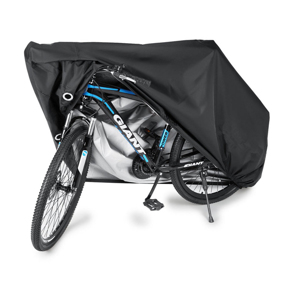 Black outdoor bicycle cover over a bike on a white background