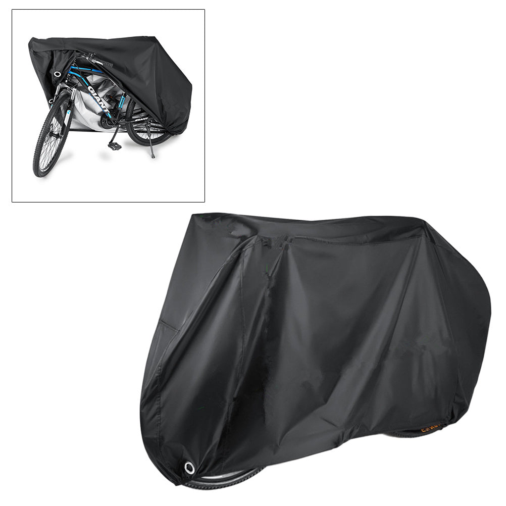 Black outdoor bicycle cover over a bike on a white background
