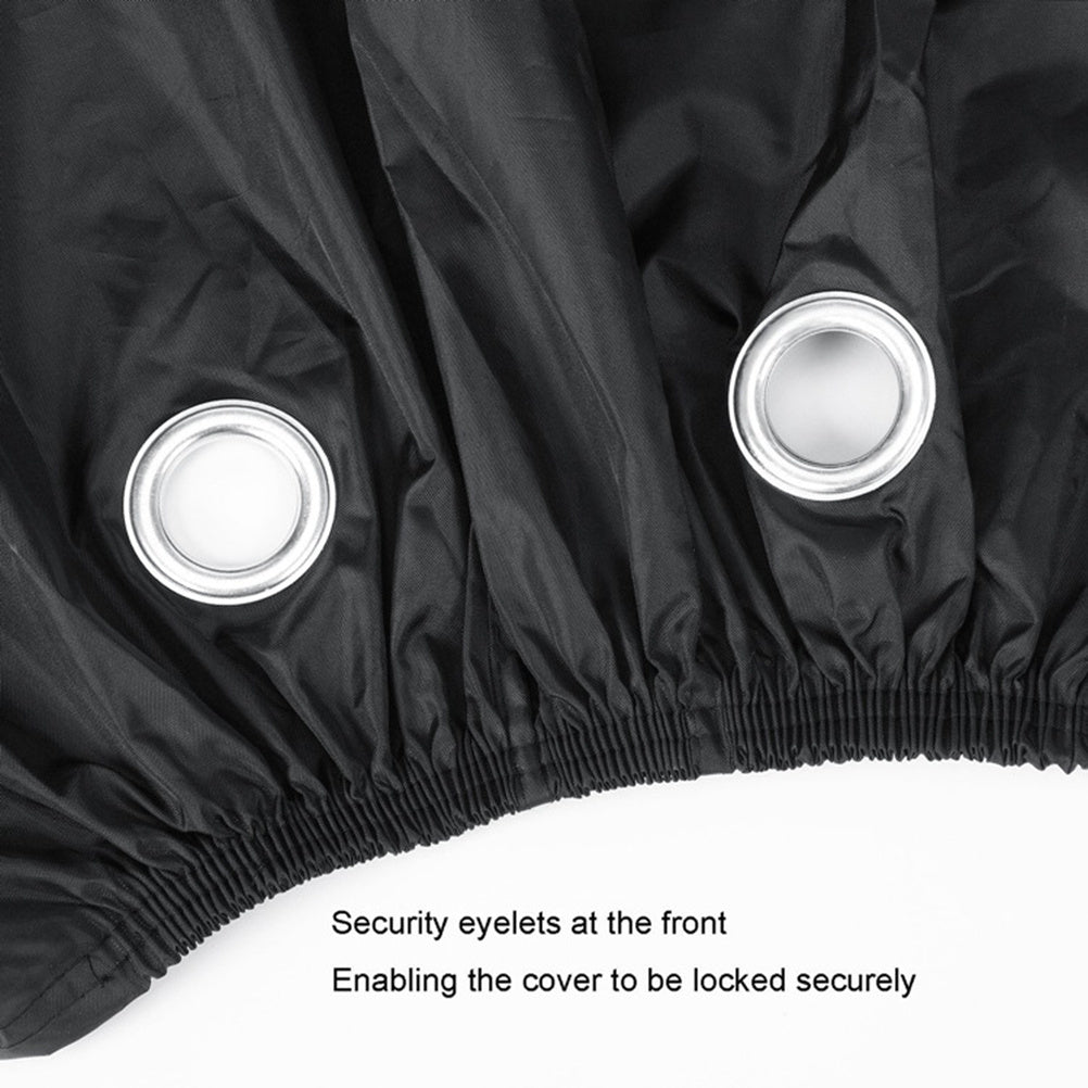 Black outdoor bicycle cover with security eyelets on a white background
