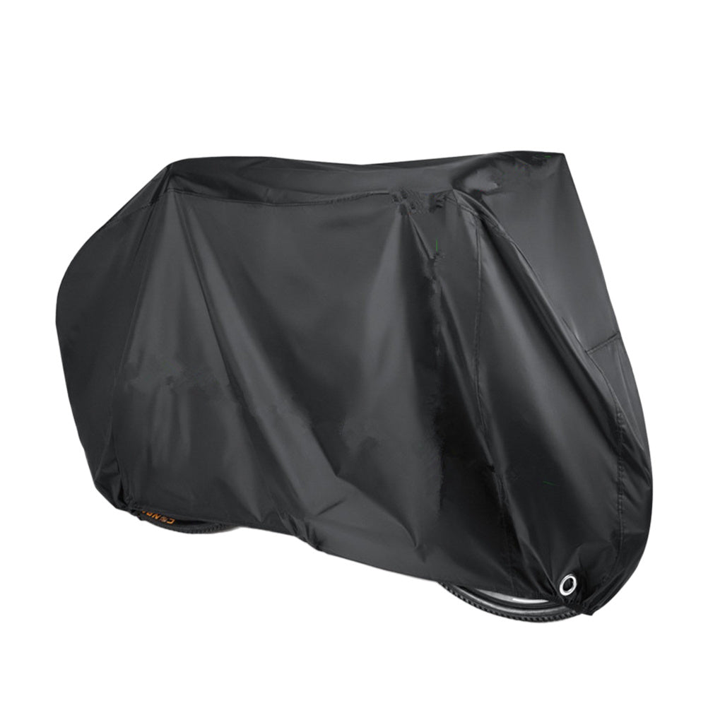 Black outdoor bicycle cover over a bike on a white background