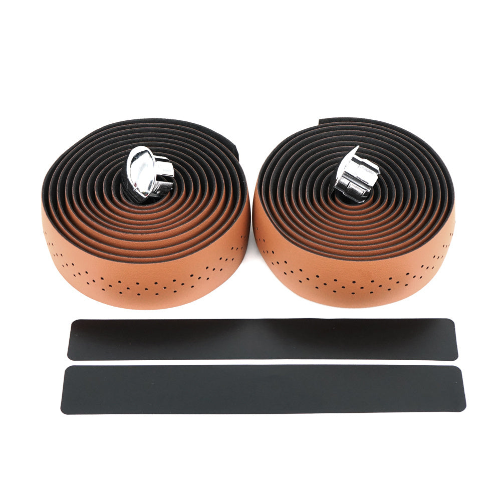 Two rolls of PU Leather Bicycle Handlebar Tape with silver bar ends and two black straps on a white background