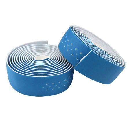 Two rolls of blue PU Leather Bicycle Handlebar Tape on a white background