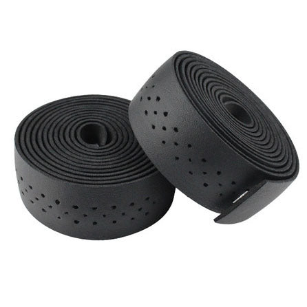 Two black PU Leather Bicycle Handlebar Tape on a white background