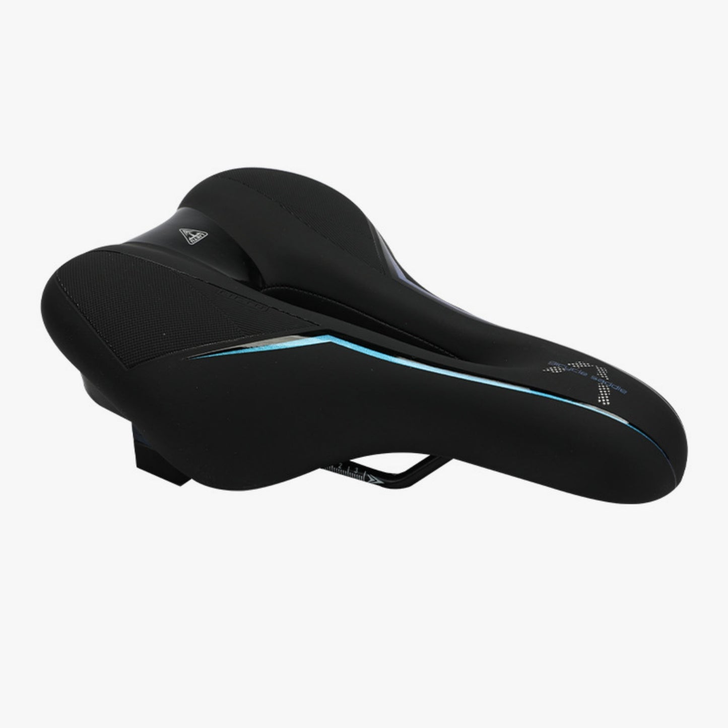 Black bicycle saddle with blue accents on a white background