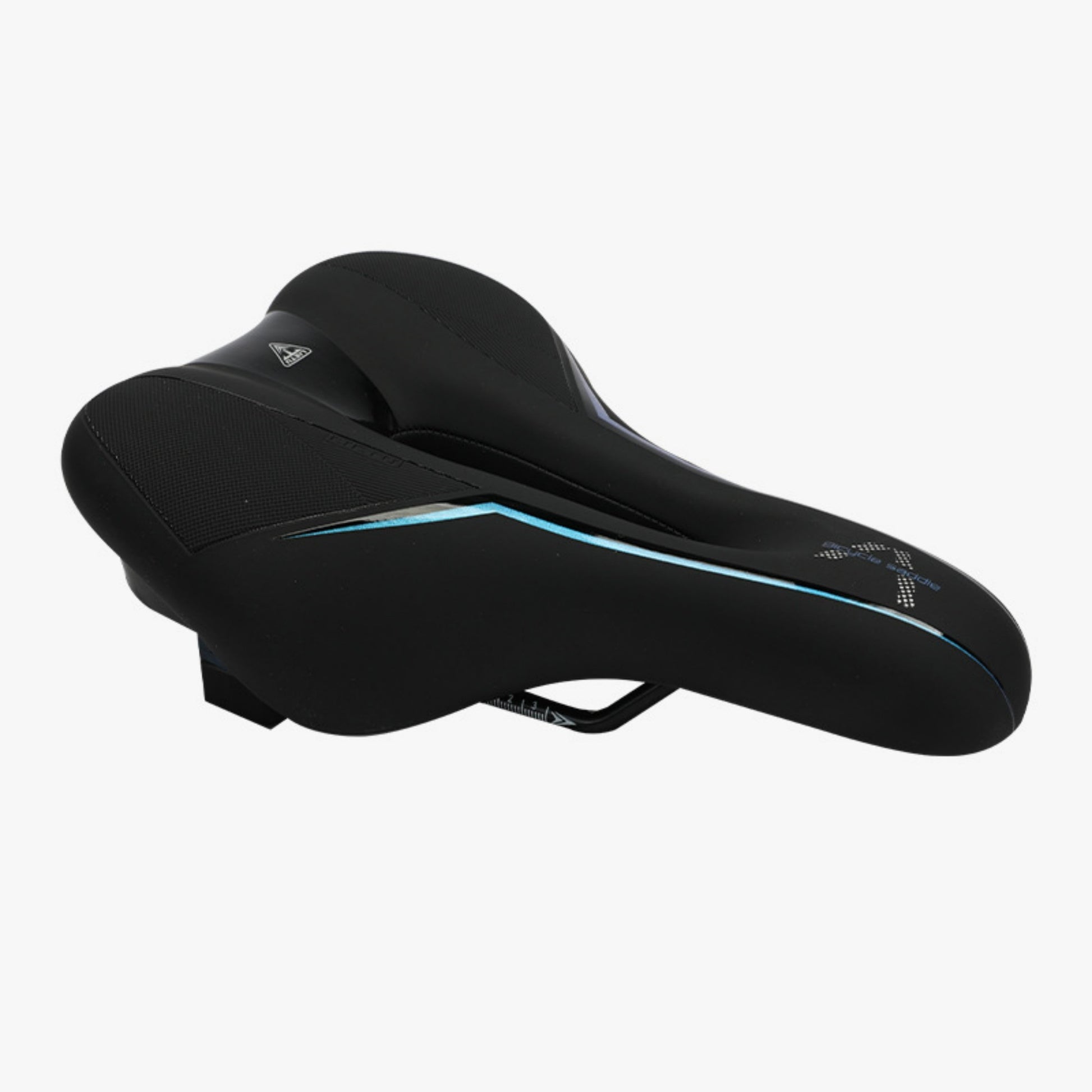 Black bicycle saddle with blue accents on a white background