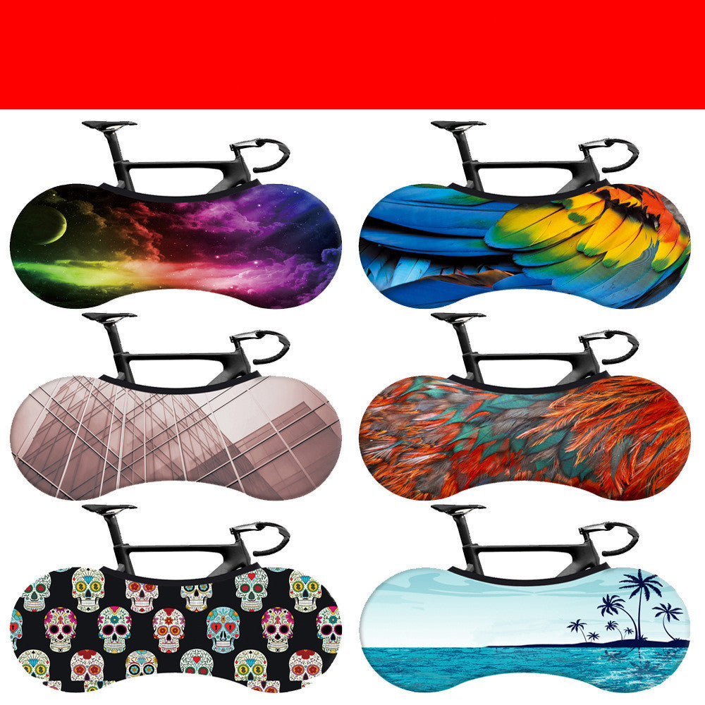Collection of colorful Patterned Elasticated Bicycle Dust Covers with various designs on a white background.